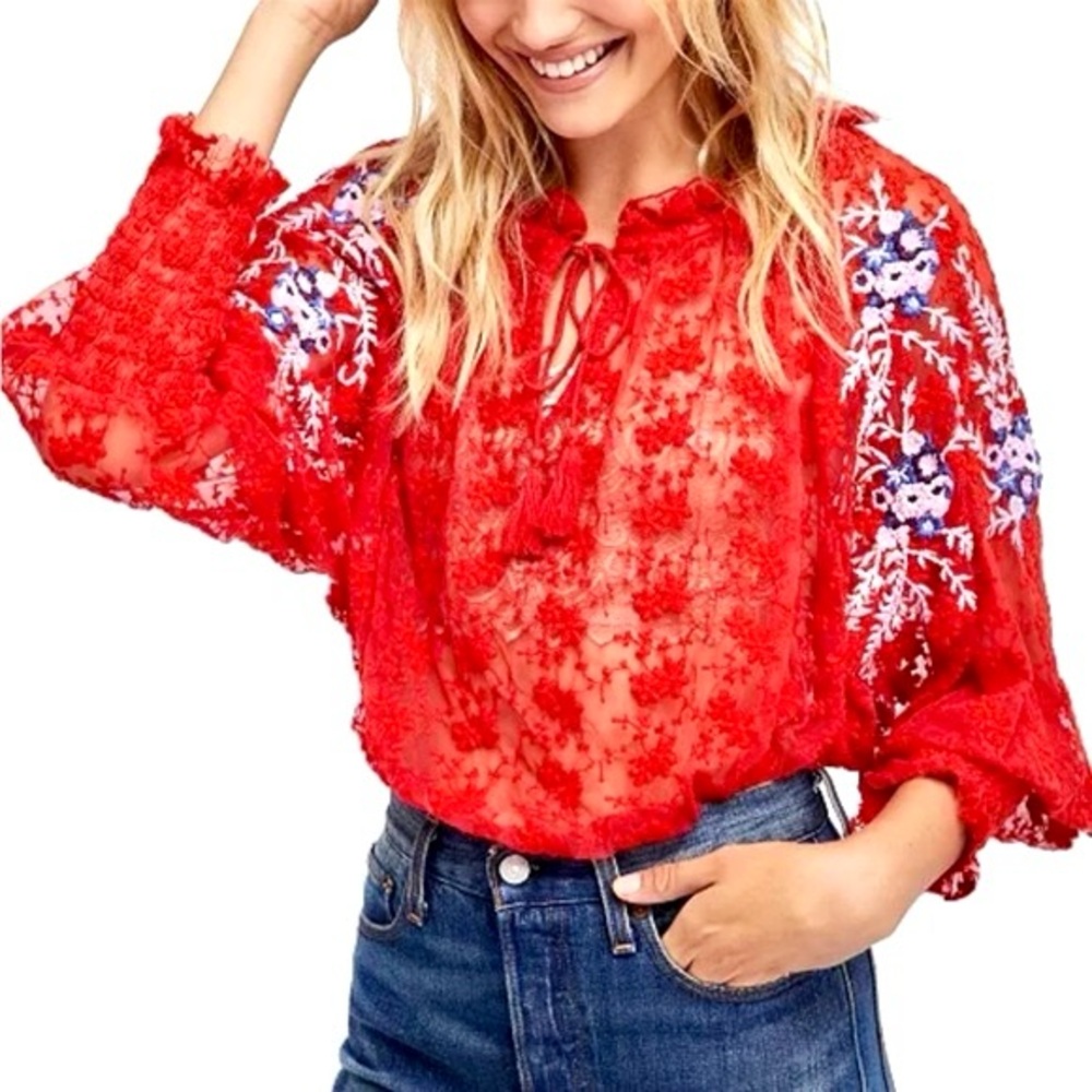 FREE PEOPLE “Jubilee Red” Embroidered Floral Mesh Top NWT